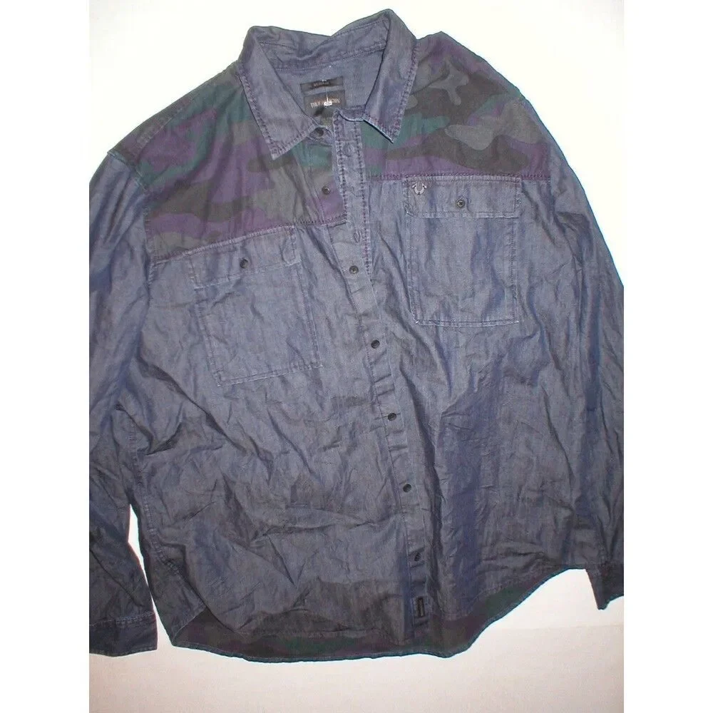 New Mens NWT True Religion Jeans Designer Denim Camo Shirt Button Down L Blue